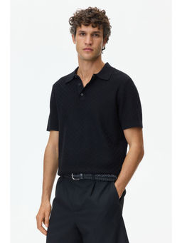 H&M - Men Black Slim Fit Textured-Knit Polo Shirt