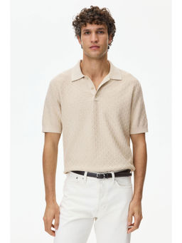 H&M - Men Beige Slim Fit Textured-Knit Polo Shirt