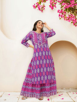 ISHIN - Purple Motifs Printed Kurta with Skirt (Set of 2)