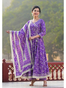 ISHIN - Purple Floral Printed Angrakha Side Tie-Up Kurta with Pant and Dupatta (Set of 3)