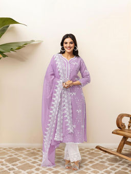 ISHIN - Floral Threadwork Kurta with Pant and Dupatta (Set of 3)