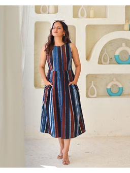 Sivaka India - Multicolor Striped Jahota Hand Block Print Cotton Midi Dress