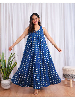 Sivaka India - Blue Polka Dot Indigo Hand Block Dabu Print Cotton Maxi Dress