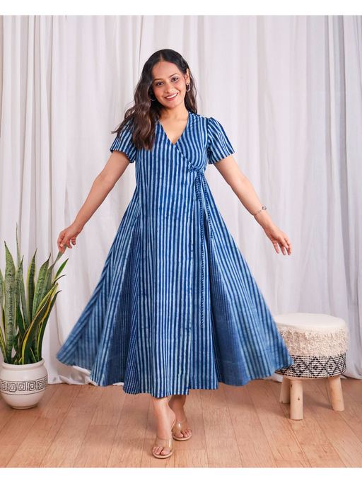Buy Sivaka India Blue Striped Indigo Hand Block Print Cotton Wrap Dress (XS) Online Buy Sivaka India Blue Striped Indigo Hand Block Print Cotton Wrap Dress (XS) Online