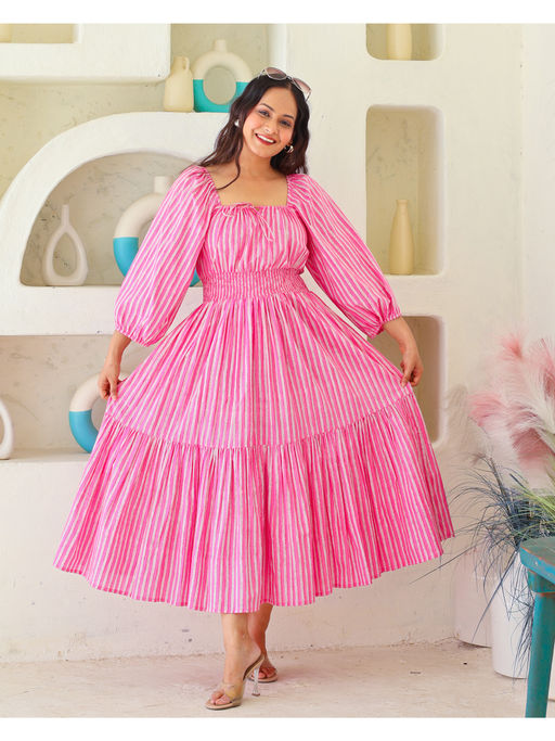 Buy Sivaka India Pink Striped Printed Cotton Midi Dress (XS) Online Buy Sivaka India Pink Striped Printed Cotton Midi Dress (XS) Online