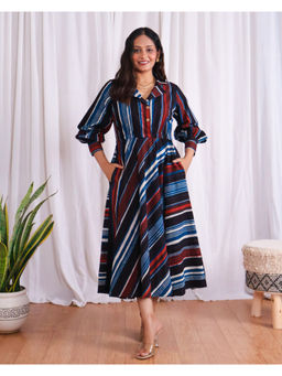 Sivaka India - Multicolor Striped Jahota Hand Block Print Cotton Midi Dress
