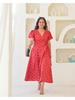 Sivaka India - Red Hand Block Print Cotton Wrap Dress