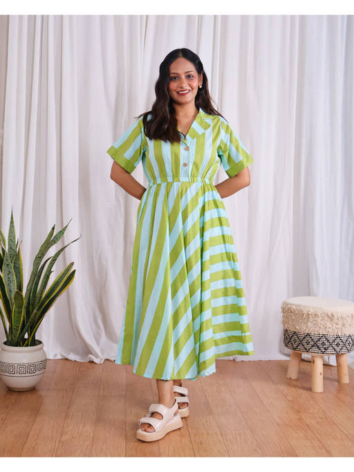 Buy Sivaka India Blue Green Stripes Printed Cotton Midi Dress (L) Online