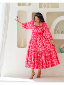 Sivaka India - Pink Printed Cotton Tiered Midi Dress