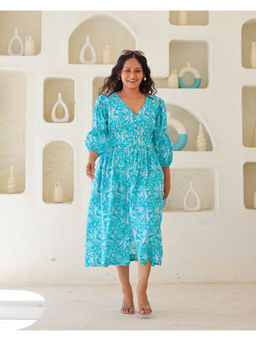 Sivaka India - Blue Floral Print Cotton Midi Dress