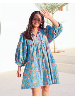 Sivaka India - Blue Puff Sleeves Hand Block Printed Cotton Dress