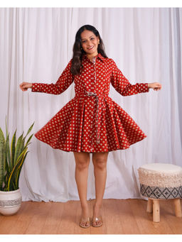 Sivaka India - Maroon Bagru Hand Block Print Circular Cut Short Dress with Belt