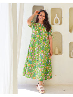 Sivaka India - Green Floral Hand Block Printed Cotton Dress