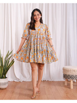 Sivaka India - Grey Floral Hand Block Printed Mul Cotton Dress
