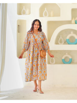 Sivaka India - Grey Floral Hand Block Printed Mul Cotton Midi Dress with Slip