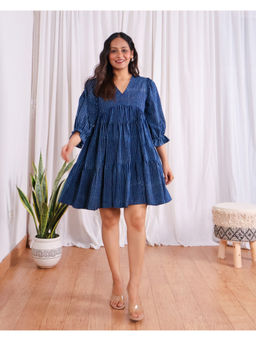 Sivaka India - Blue Striped Indigo Hand Block Dabu Print Cotton Dress
