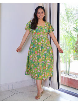 Sivaka India - Green Floral Hand Block Printed Cotton Midi Dress