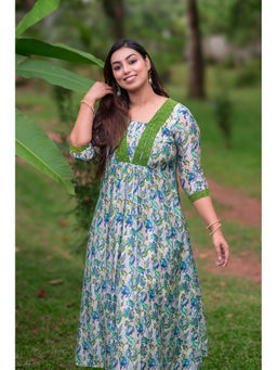 Zerah Designs - Dua Green Floral Mul Silk Dress