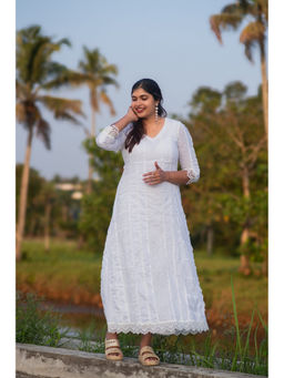 Zerah Designs - Elsa Lace Embellished Hakoba Cotton White Dress