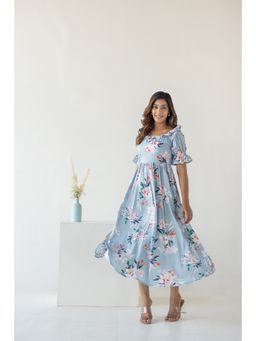 Polago Clothing - Sky Blue Floral Flared Dress with Pocket