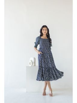 Polago Clothing - Navy Blue Floral Ruffle Dress