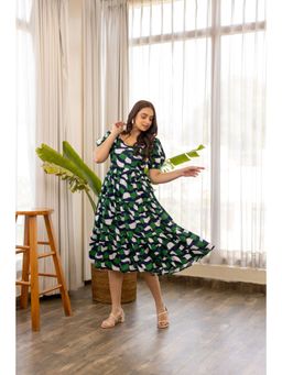 Polago Clothing - Blue & Green Flared Short Sleeves Dress