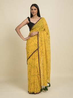 Suta - Yellow Floral Printed Mul Cotton Saree