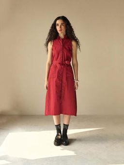Prakriti Jaipur - Red Brown Sleeveless Dress with Belt (Set of 2)