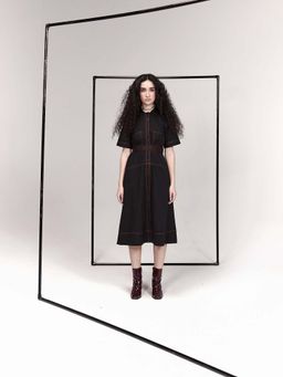 Prakriti Jaipur - Black Orange Midi Dress with Belt (Set of 2)