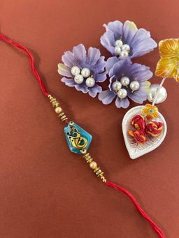 Digital Dress Room - Fancy Blue Marble Stone Lord Ganesha Om Rakhi Beads Red Thread Rakhi