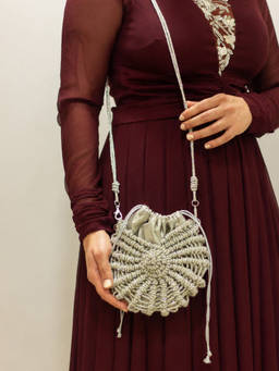 Palette - Lumina Nerina Silver Rhinestone Macrame Handbag with Detachable Straps