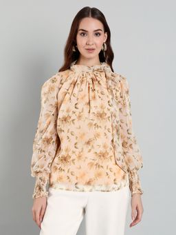 MISH - Peach Floral Tie-Up Neck Chiffon Top