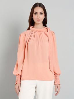 MISH - Peach Tie-Neck Smocked Cuff Top
