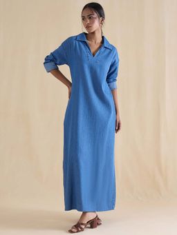 Femmella - Mid Blue Slit Detail Denim Maxi Dress