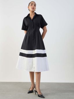 Femmella - Black and White Poplin Color Block Calf Length Dress