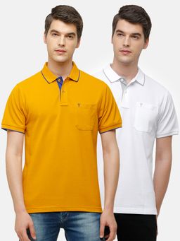 Classic Polo - Men Solid Mustard & White Cotton Blend Regular Fit Polo T-Shirts (Pack of 2)