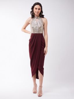 Miss Chase - Women's Wine Halter Neck Sleeveless Solid Embellished Midi Party Dress