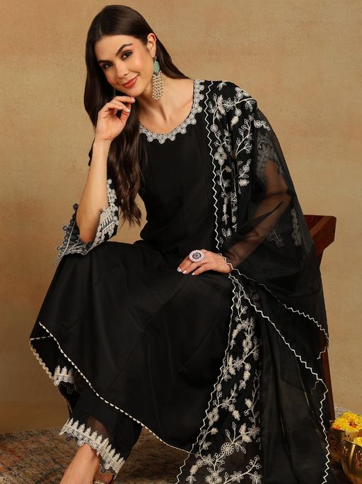 Vaamsi Women Black Silk Blend Embroidered Flared Kurta Trousers with Dupatta (Set of 3)