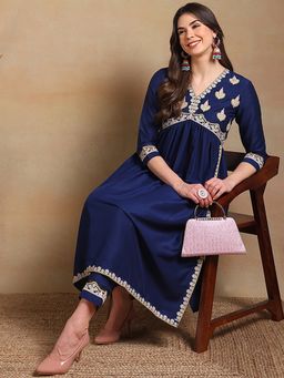Vaamsi - Women Navy Blue Silk Blend Embroidered Flared Kurta with Trouser (Set of 2)