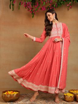 Vaamsi - Women Pink Georgette Embroidered Thread Work Flared Kurta with Dupatta (Set of 2)