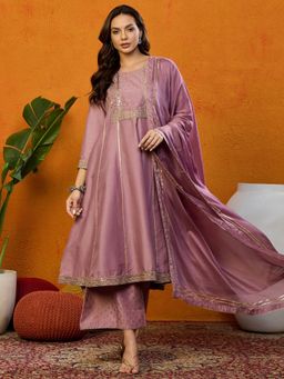 Vaamsi - Women Pink Silk Blend Zari Anarkali Kurta Palazzo with Dupatta (Set of 3)