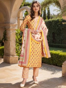 Vaamsi - Women Yellow Cotton Blend Floral Printed Kurta Trouser with Dupatta (Set of 3)