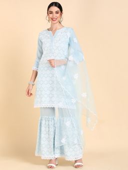 Vaamsi - Blue Poly Silk Ethnic Motifs Embroidered Kurta Sharara with Dupatta (Set of 3)