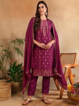 Vaamsi - Magenta Silk Blend Ethnic Motifs Woven Design Kurta Pants with Dupatta (Set of 3)