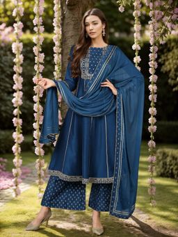 Vaamsi - Women Teal Silk Blend Embroidered A-Line Kurta Palazzo with Dupatta (Set of 3)