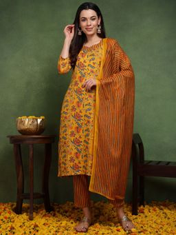 Vaamsi - Women Yellow Rayon Blend Floral Printed Straight Kurta Pants with Dupatta (Set of 3)
