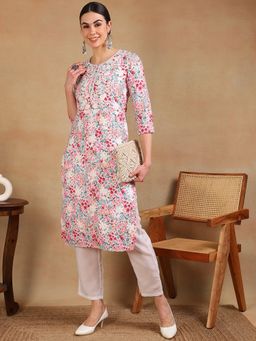 Vaamsi - Women White Cotton Blend Embroidered Floral Printed Straight Kurta