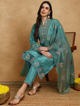 Vaamsi - Women Teal Silk Blend Embroidered Straight Kurta Pant With Dupatta (Set of 3)