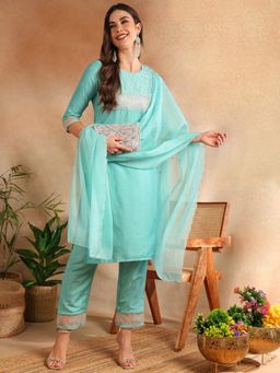 Vaamsi - Women Sea Green Poly Silk Solid Embroidered Straight Suit (Set of 3)