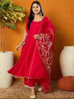 Vaamsi - Women Pink Embroidered Anarkali Kurta with Pant and Dupatta (Set of 3)